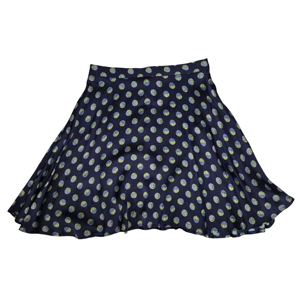 Amour Vert 100% Silk Geometric Polka Dot Mini Skirt Navy Blue XS Unlined